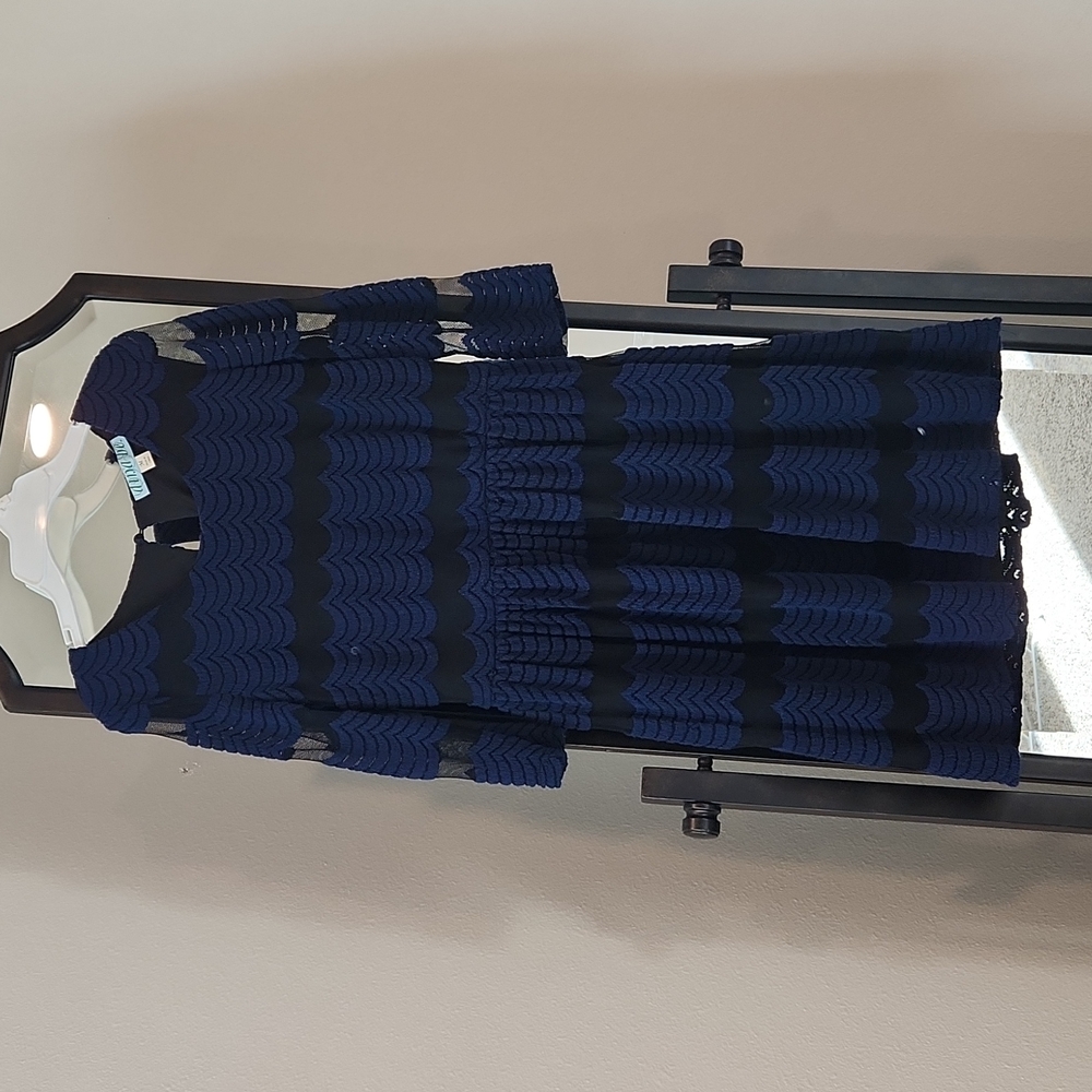 Dina Be dress, navy with black mesh detail, size medium.